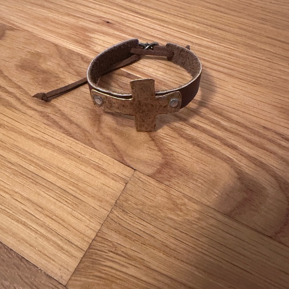 Women’s Brown Leather Bracelet with Gold Cross Accent